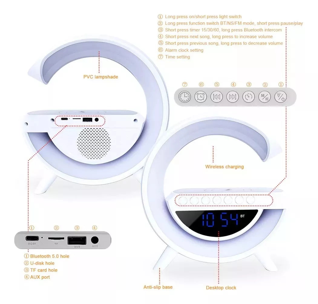 Lampara Inteligente con Cargador,  Reloj  y Altavoz Bluetooth.